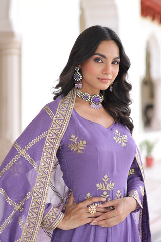 Lavender Crunchy Sequins Embroidered Gown Set with Full Sleeves, 3-Meter Flair, Designer Dupatta & Matching Bottom – Fully Stitched Party Wear Ensemble for Women ClothsVilla