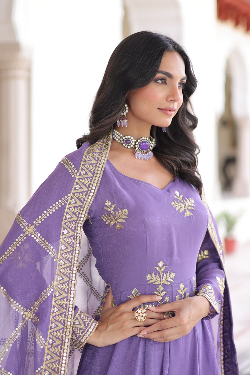 Lavender Crunchy Sequins Embroidered Gown Set with Full Sleeves, 3-Meter Flair, Designer Dupatta & Matching Bottom – Fully Stitched Party Wear Ensemble for Women ClothsVilla