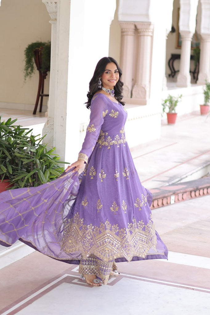 Lavender Crunchy Sequins Embroidered Gown Set with Full Sleeves, 3-Meter Flair, Designer Dupatta & Matching Bottom – Fully Stitched Party Wear Ensemble for Women ClothsVilla