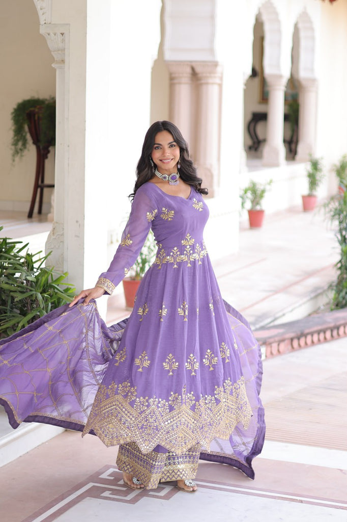 Lavender Crunchy Sequins Embroidered Gown Set with Full Sleeves, 3-Meter Flair, Designer Dupatta & Matching Bottom – Fully Stitched Party Wear Ensemble for Women ClothsVilla