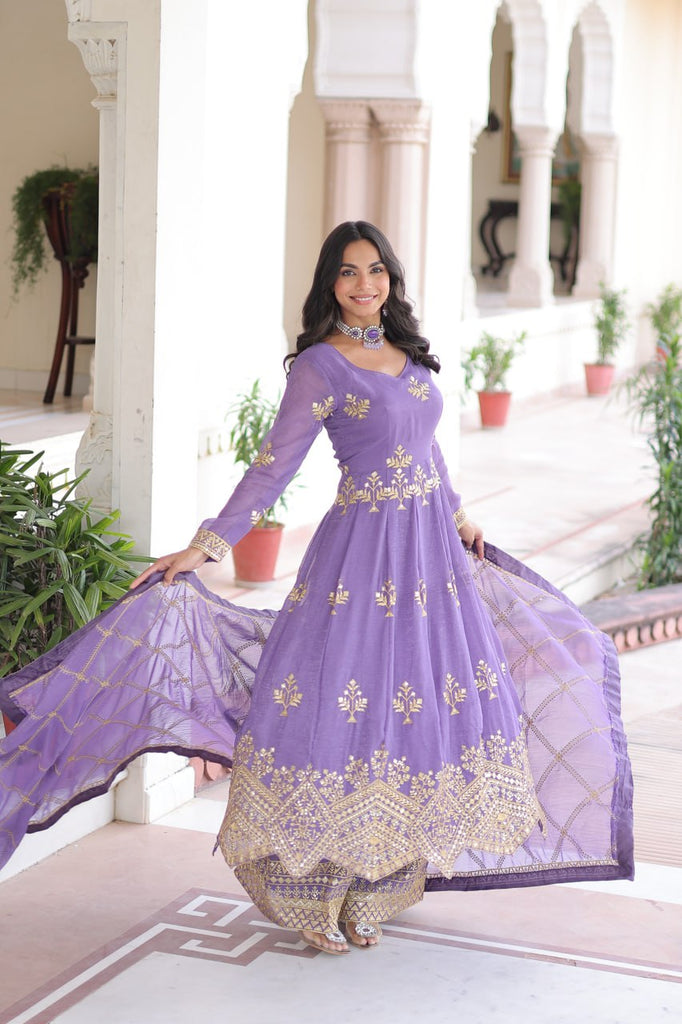 Lavender Crunchy Sequins Embroidered Gown Set with Full Sleeves, 3-Meter Flair, Designer Dupatta & Matching Bottom – Fully Stitched Party Wear Ensemble for Women ClothsVilla