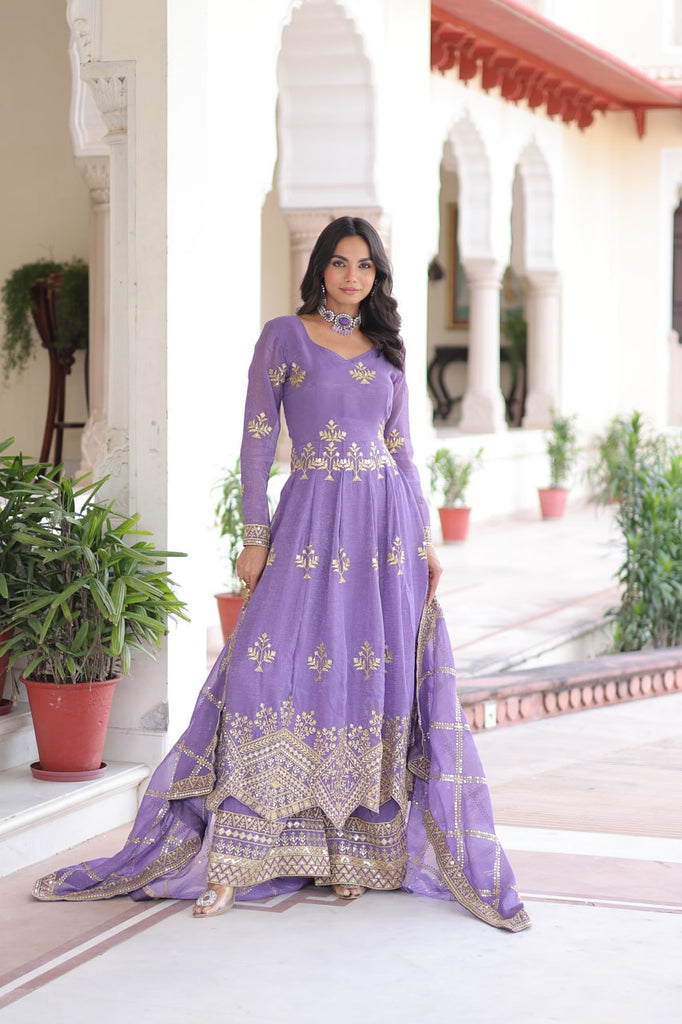 Lavender Crunchy Sequins Embroidered Gown Set with Full Sleeves, 3-Meter Flair, Designer Dupatta & Matching Bottom – Fully Stitched Party Wear Ensemble for Women ClothsVilla