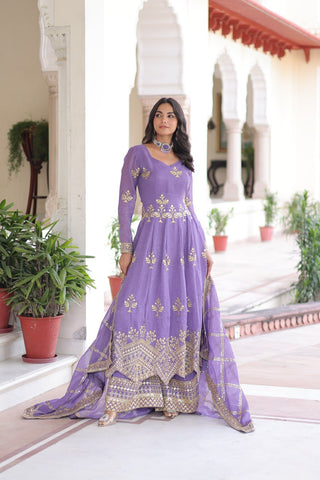 Lavender Crunchy Sequins Embroidered Gown Set with Full Sleeves, 3-Meter Flair, Designer Dupatta & Matching Bottom – Fully Stitched Party Wear Ensemble for Women ClothsVilla
