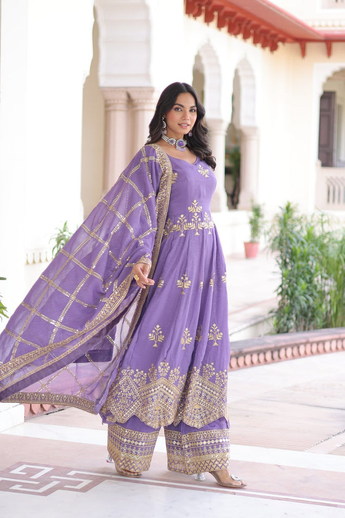 Lavender Crunchy Sequins Embroidered Gown Set with Full Sleeves, 3-Meter Flair, Designer Dupatta & Matching Bottom – Fully Stitched Party Wear Ensemble for Women ClothsVilla