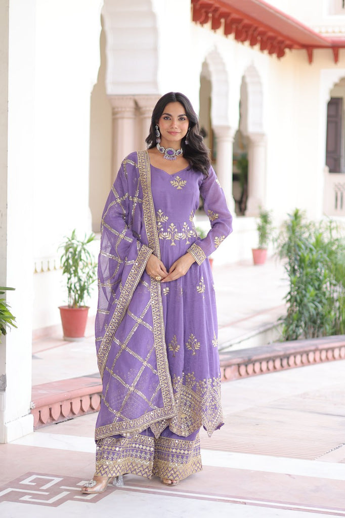 Lavender Crunchy Sequins Embroidered Gown Set with Full Sleeves, 3-Meter Flair, Designer Dupatta & Matching Bottom – Fully Stitched Party Wear Ensemble for Women ClothsVilla