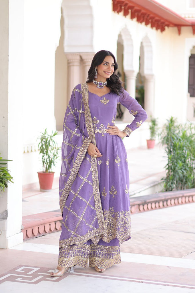 Lavender Crunchy Sequins Embroidered Gown Set with Full Sleeves, 3-Meter Flair, Designer Dupatta & Matching Bottom – Fully Stitched Party Wear Ensemble for Women ClothsVilla