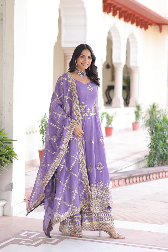 Lavender Crunchy Sequins Embroidered Gown Set with Full Sleeves, 3-Meter Flair, Designer Dupatta & Matching Bottom – Fully Stitched Party Wear Ensemble for Women ClothsVilla
