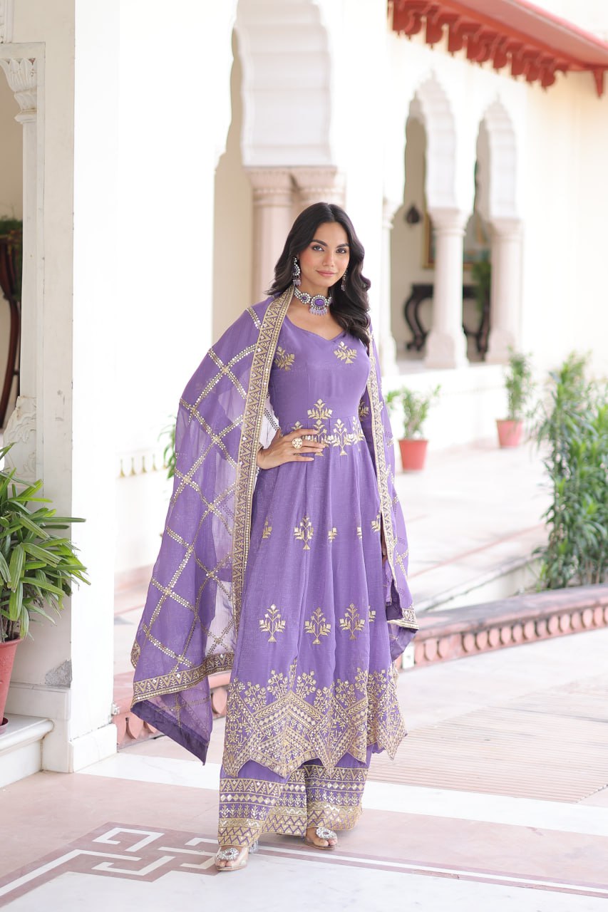 Lavender Crunchy Sequins Embroidered Gown Set with Full Sleeves, 3-Meter Flair, Designer Dupatta & Matching Bottom – Fully Stitched Party Wear Ensemble for Women ClothsVilla
