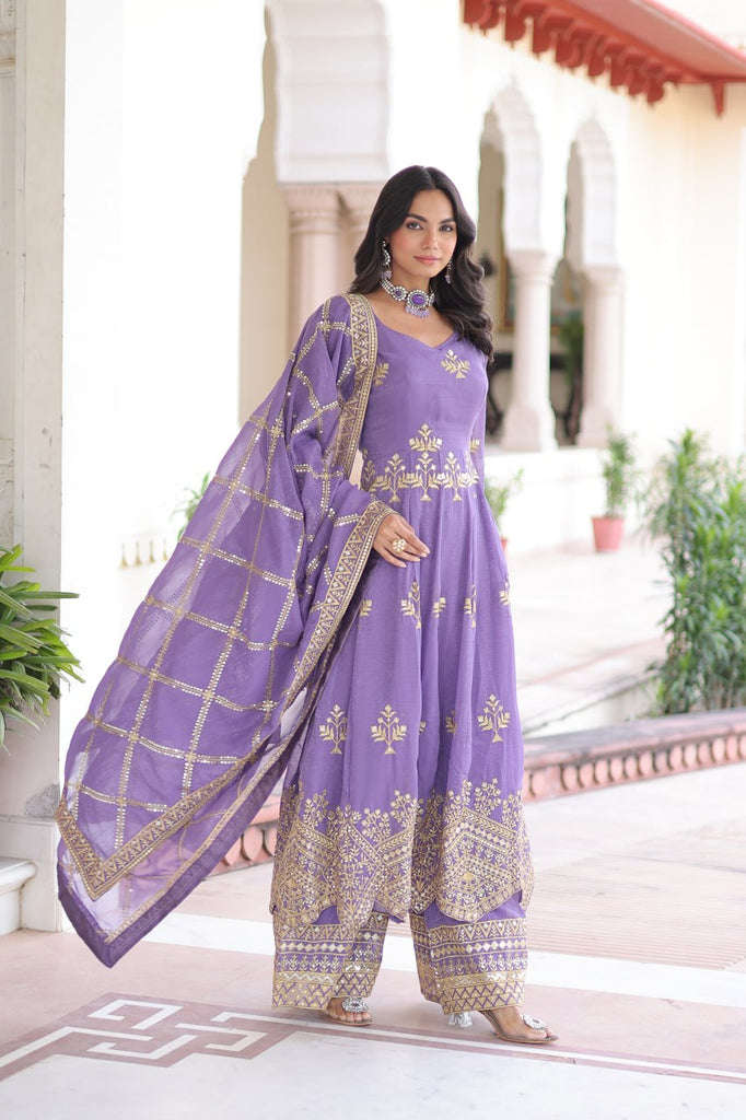 Lavender Crunchy Sequins Embroidered Gown Set with Full Sleeves, 3-Meter Flair, Designer Dupatta & Matching Bottom – Fully Stitched Party Wear Ensemble for Women ClothsVilla