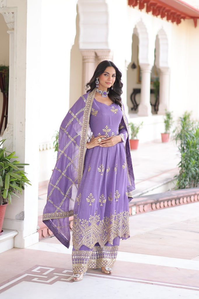 Lavender Crunchy Sequins Embroidered Gown Set with Full Sleeves, 3-Meter Flair, Designer Dupatta & Matching Bottom – Fully Stitched Party Wear Ensemble for Women ClothsVilla