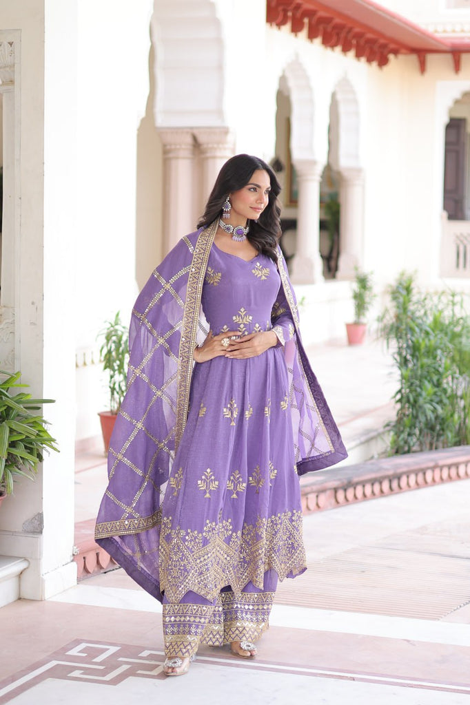 Lavender Crunchy Sequins Embroidered Gown Set with Full Sleeves, 3-Meter Flair, Designer Dupatta & Matching Bottom – Fully Stitched Party Wear Ensemble for Women ClothsVilla