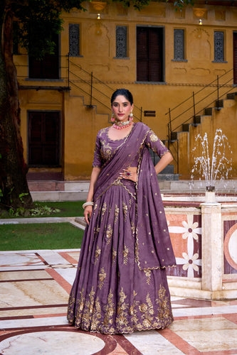 Lavender Crush Lehenga Set with Sequins & Thread Embroidery – Stitched Lehenga with Unstitched Blouse and Dupatta ClothsVilla