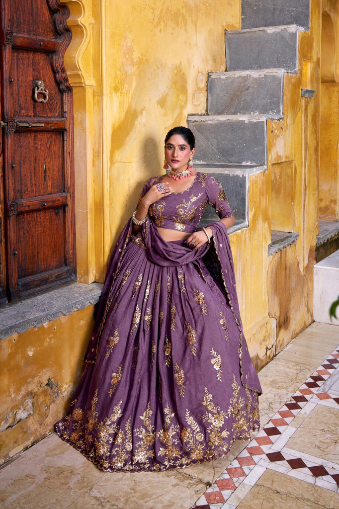 Lavender Crush Lehenga Set with Sequins & Thread Embroidery – Stitched Lehenga with Unstitched Blouse and Dupatta ClothsVilla