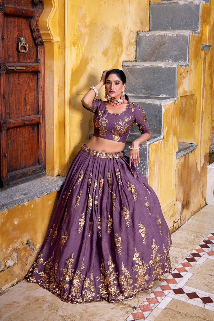 Lavender Crush Lehenga Set with Sequins & Thread Embroidery – Stitched Lehenga with Unstitched Blouse and Dupatta ClothsVilla