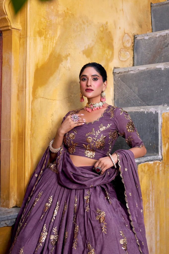 Lavender Crush Lehenga Set with Sequins & Thread Embroidery – Stitched Lehenga with Unstitched Blouse and Dupatta ClothsVilla