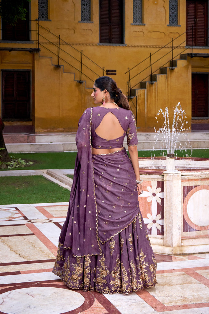 Lavender Crush Lehenga Set with Sequins & Thread Embroidery – Stitched Lehenga with Unstitched Blouse and Dupatta ClothsVilla