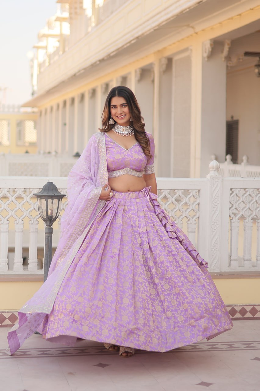 Lavender Dazzling Designer Dyeable Pure Viscose Jacquard Lehenga Choli Set with Sequins Embroidery ClothsVilla