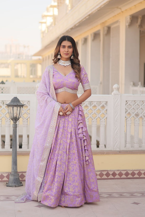 Lavender Dazzling Designer Dyeable Pure Viscose Jacquard Lehenga Choli Set with Sequins Embroidery ClothsVilla