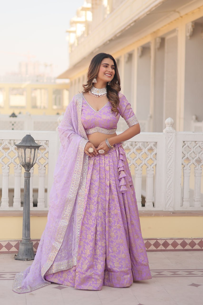 Lavender Dazzling Designer Dyeable Pure Viscose Jacquard Lehenga Choli Set with Sequins Embroidery ClothsVilla