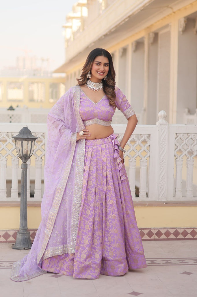 Lavender Dazzling Designer Dyeable Pure Viscose Jacquard Lehenga Choli Set with Sequins Embroidery ClothsVilla