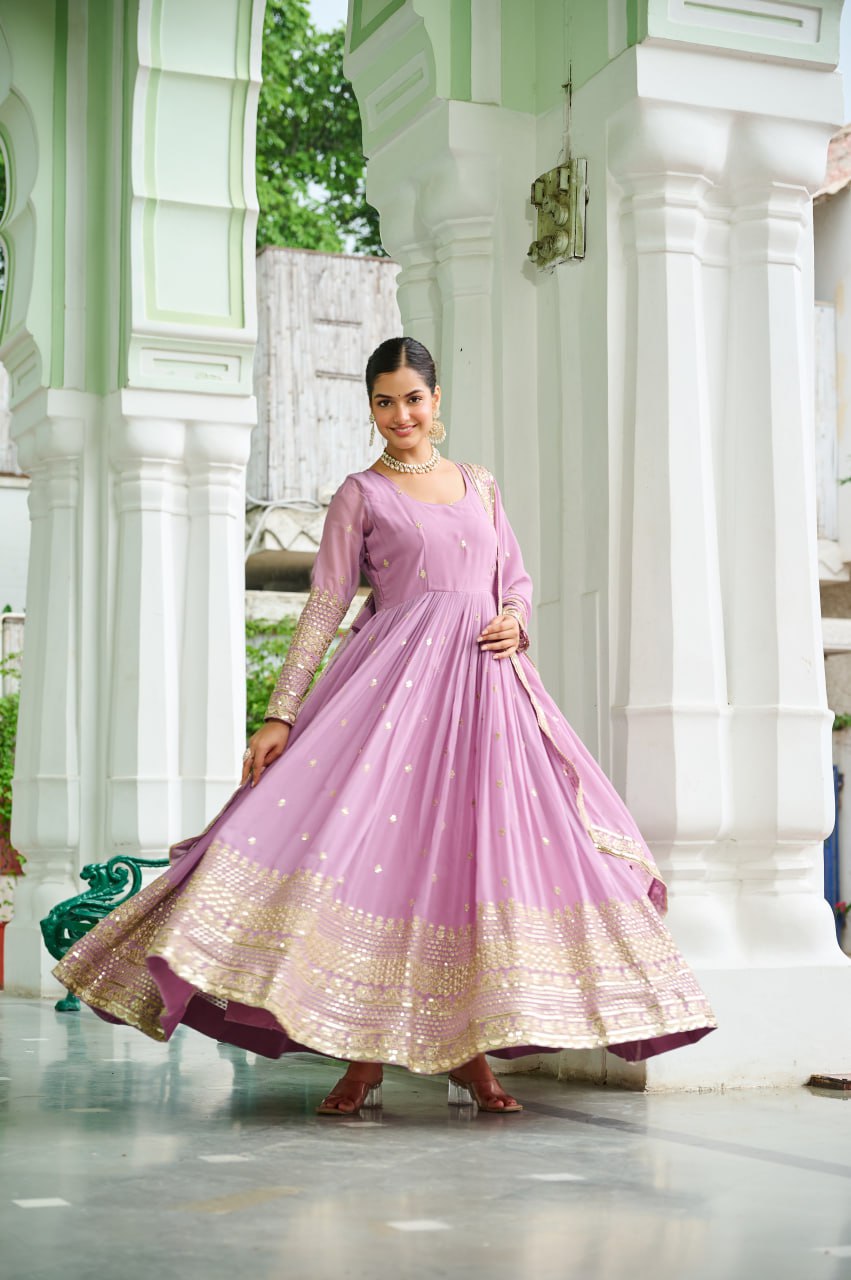 Lavender Designer Dusty-Tone Faux Georgette Gown with Embroidery & Sequins Dupatta ClothsVilla