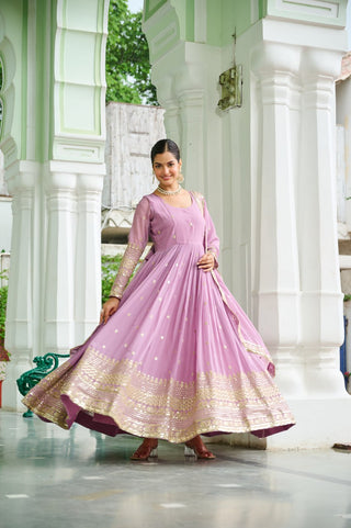 Lavender Designer Dusty-Tone Faux Georgette Gown with Embroidery & Sequins Dupatta ClothsVilla