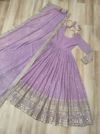 Lavender Designer Dusty-Tone Faux Georgette Gown with Embroidery & Sequins Dupatta ClothsVilla