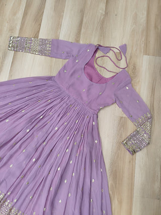 Lavender Designer Dusty-Tone Faux Georgette Gown with Embroidery & Sequins Dupatta ClothsVilla