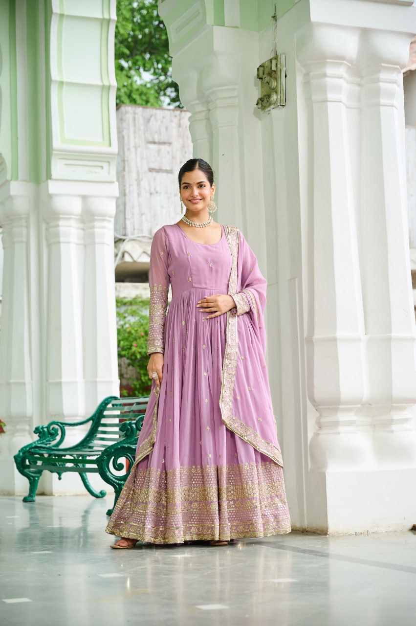 Lavender Designer Dusty-Tone Faux Georgette Gown with Embroidery & Sequins Dupatta ClothsVilla