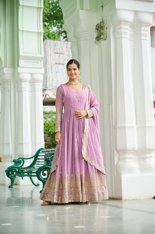 Lavender Designer Dusty-Tone Faux Georgette Gown with Embroidery & Sequins Dupatta ClothsVilla