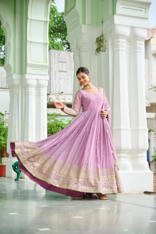 Lavender Designer Dusty-Tone Faux Georgette Gown with Embroidery & Sequins Dupatta ClothsVilla