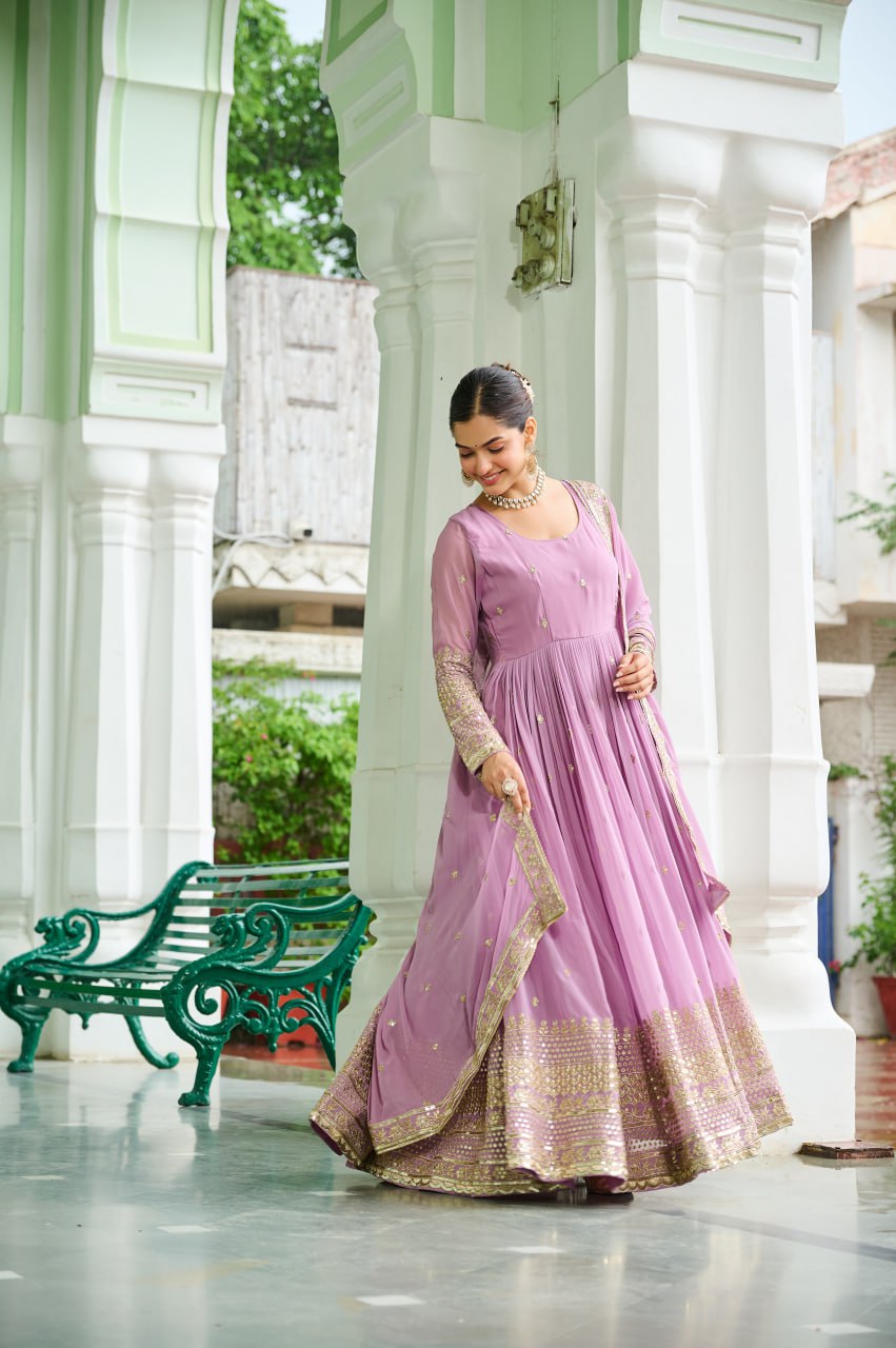 Lavender Designer Dusty-Tone Faux Georgette Gown with Embroidery & Sequins Dupatta ClothsVilla