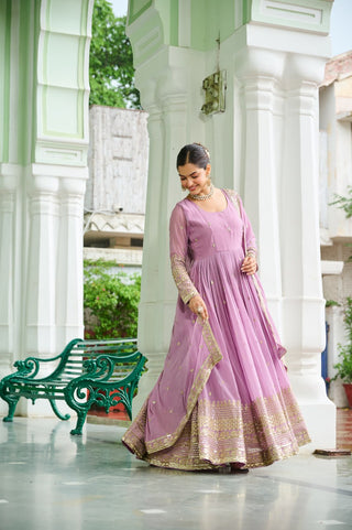 Lavender Designer Dusty-Tone Faux Georgette Gown with Embroidery & Sequins Dupatta ClothsVilla