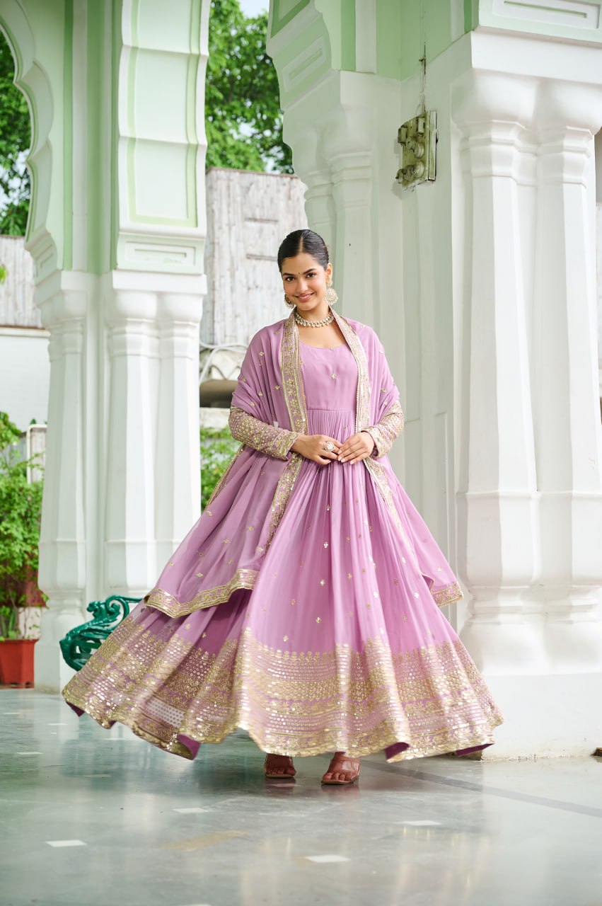 Lavender Designer Dusty-Tone Faux Georgette Gown with Embroidery & Sequins Dupatta ClothsVilla