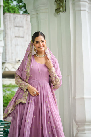 Lavender Designer Dusty-Tone Faux Georgette Gown with Embroidery & Sequins Dupatta ClothsVilla
