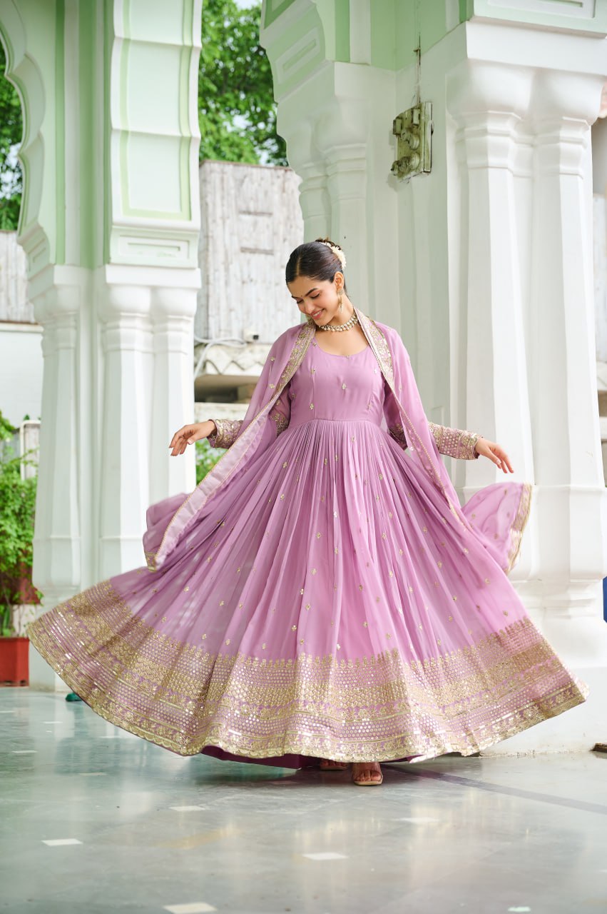 Lavender Designer Dusty-Tone Faux Georgette Gown with Embroidery & Sequins Dupatta ClothsVilla