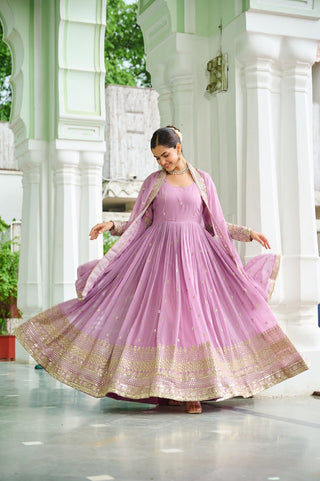 Lavender Designer Dusty-Tone Faux Georgette Gown with Embroidery & Sequins Dupatta ClothsVilla