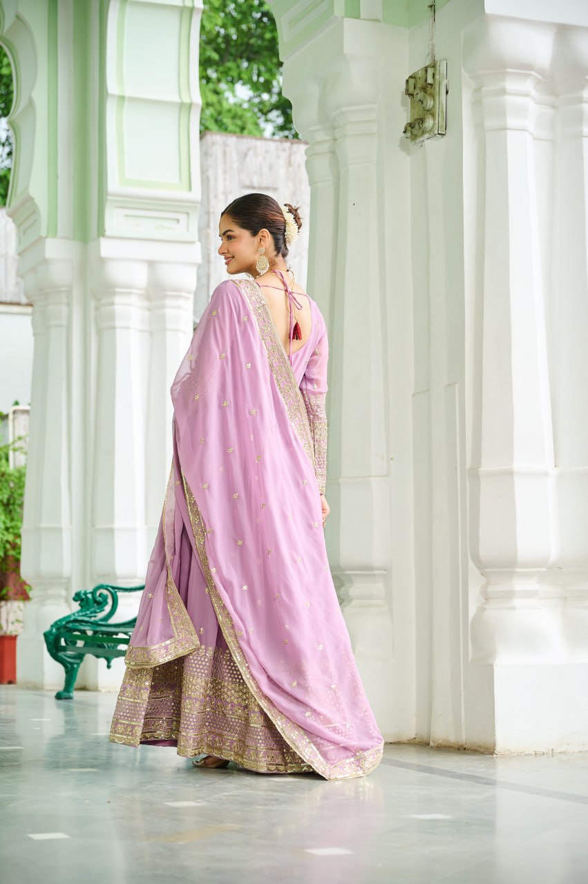 Lavender Designer Dusty-Tone Faux Georgette Gown with Embroidery & Sequins Dupatta ClothsVilla