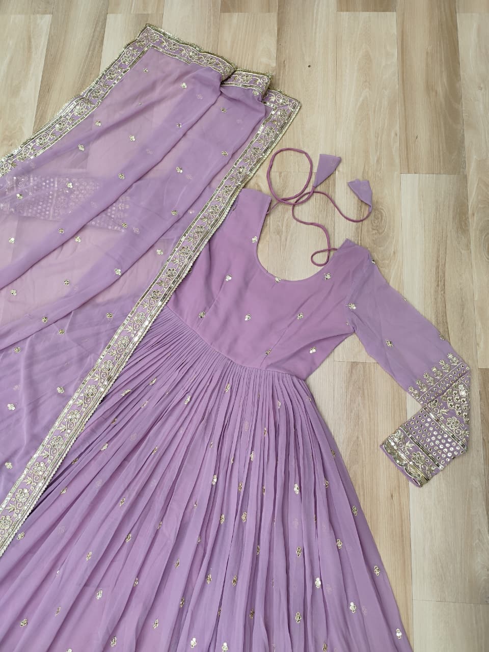 Lavender Designer Dusty-Tone Faux Georgette Gown with Embroidery & Sequins Dupatta ClothsVilla