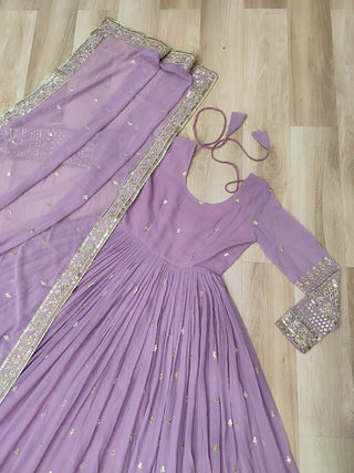 Lavender Designer Dusty-Tone Faux Georgette Gown with Embroidery & Sequins Dupatta ClothsVilla