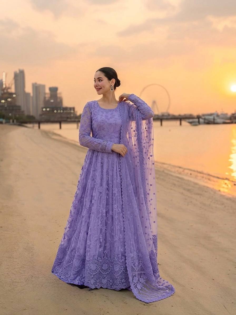 Lavender Designer Georgette Gown ClothsVilla