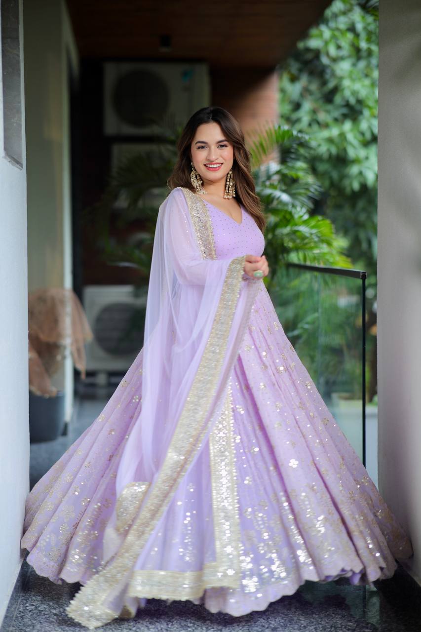 Lavender Designer Luxury Faux Blooming Anarkali Set with Heavy Sequin & Zari Embroidery – Pants & Dupatta Included ClothsVilla Main image