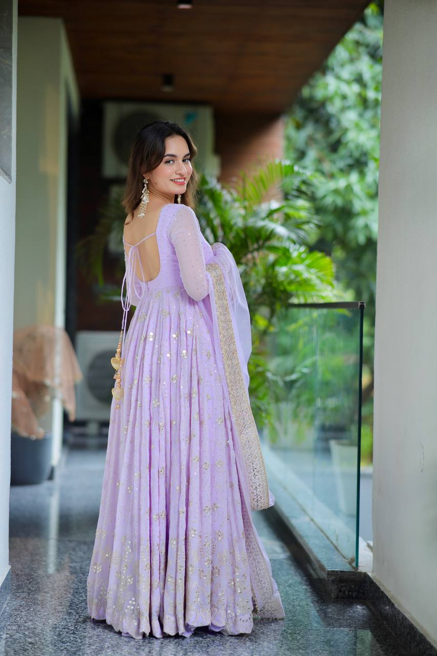 Lavender Designer Luxury Faux Blooming Anarkali Set with Heavy Sequin & Zari Embroidery – Pants & Dupatta Included ClothsVilla