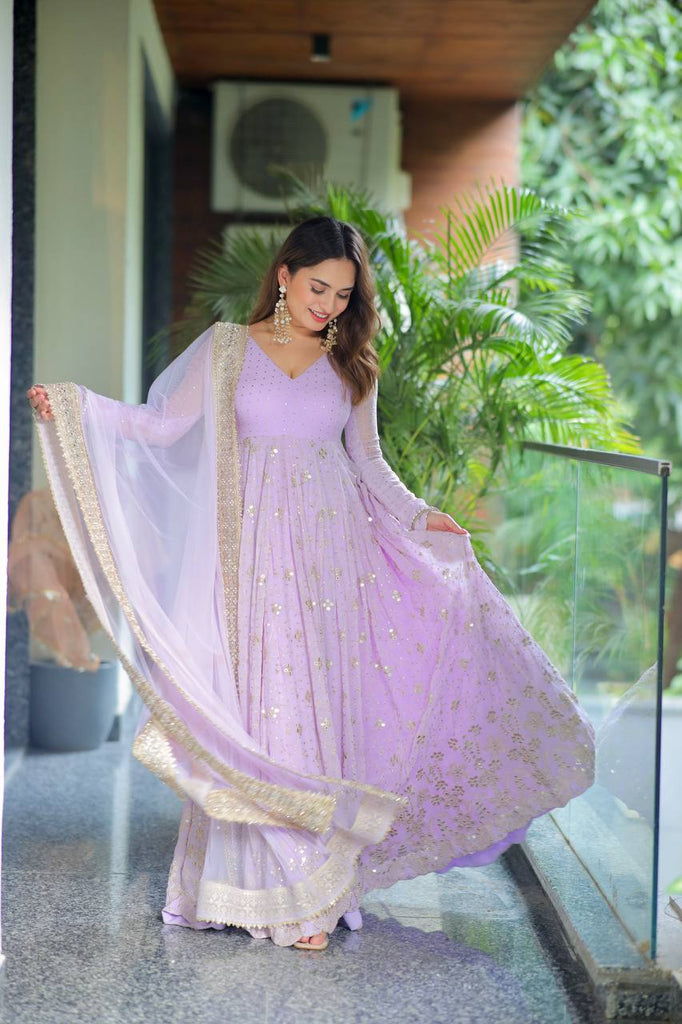 Lavender Designer Luxury Faux Blooming Anarkali Set with Heavy Sequin & Zari Embroidery – Pants & Dupatta Included ClothsVilla