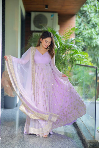 Lavender Designer Luxury Faux Blooming Anarkali Set with Heavy Sequin & Zari Embroidery – Pants & Dupatta Included ClothsVilla