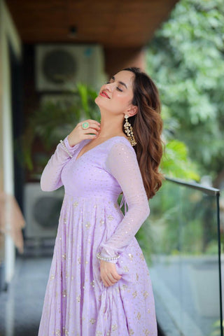 Lavender Designer Luxury Faux Blooming Anarkali Set with Heavy Sequin & Zari Embroidery – Pants & Dupatta Included ClothsVilla