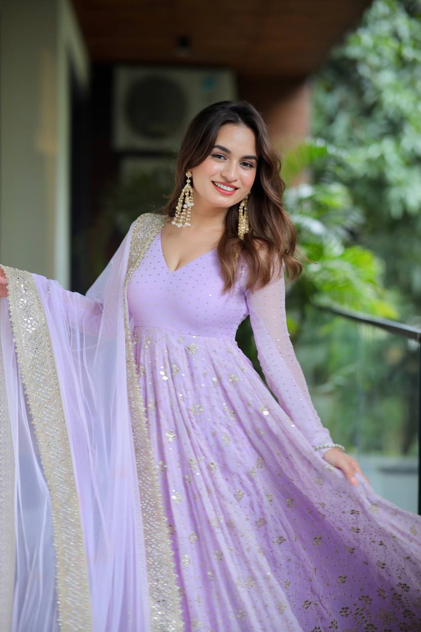 Lavender Designer Luxury Faux Blooming Anarkali Set with Heavy Sequin & Zari Embroidery – Pants & Dupatta Included ClothsVilla