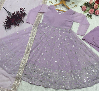 Lavender Designer Luxury Faux Blooming Anarkali Set with Heavy Sequin & Zari Embroidery – Pants & Dupatta Included ClothsVilla
