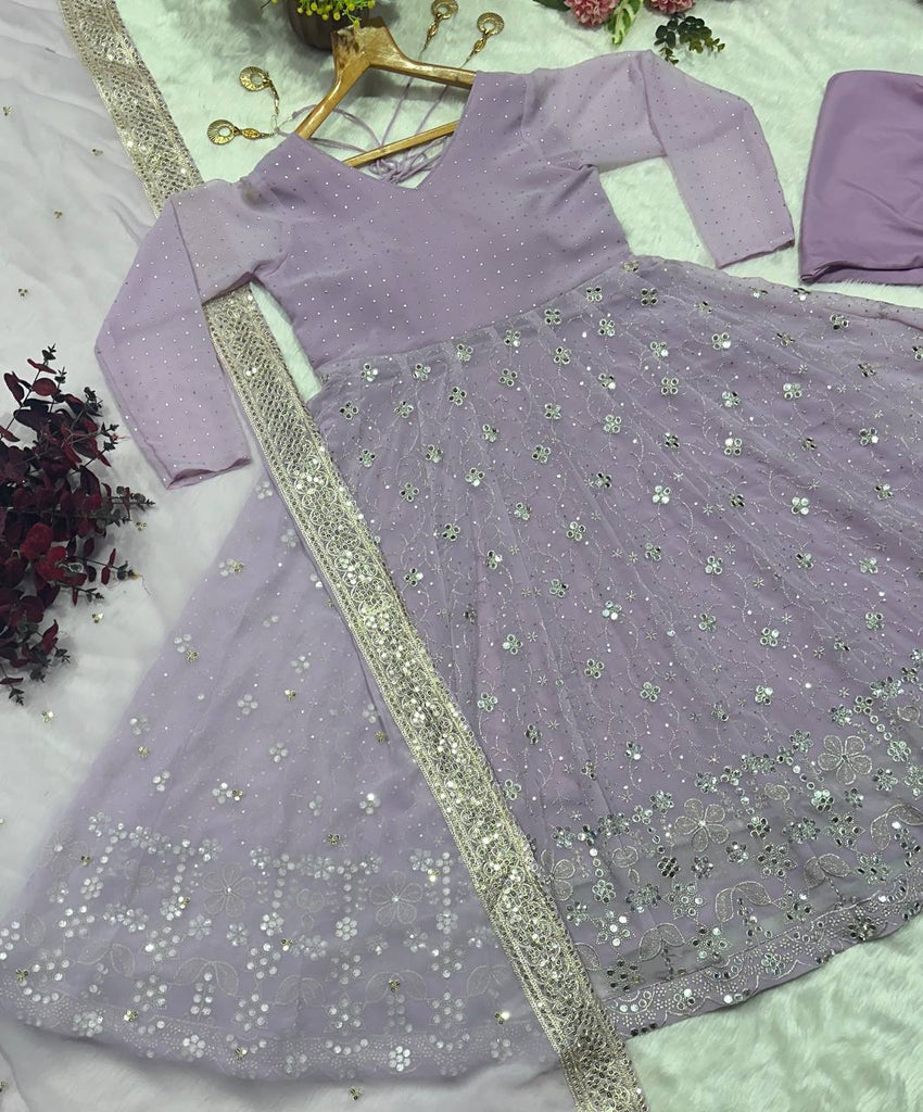 Lavender Designer Luxury Faux Blooming Anarkali Set with Heavy Sequin & Zari Embroidery – Pants & Dupatta Included ClothsVilla