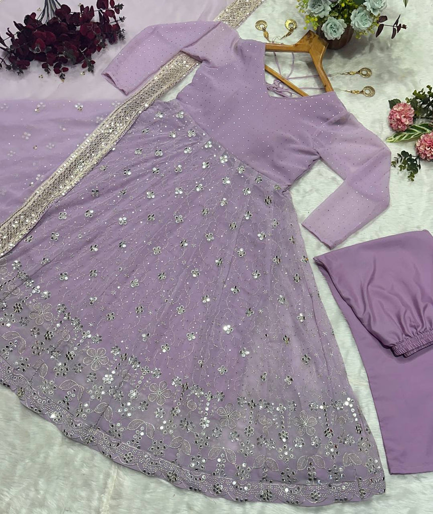 Lavender Designer Luxury Faux Blooming Anarkali Set with Heavy Sequin & Zari Embroidery – Pants & Dupatta Included ClothsVilla